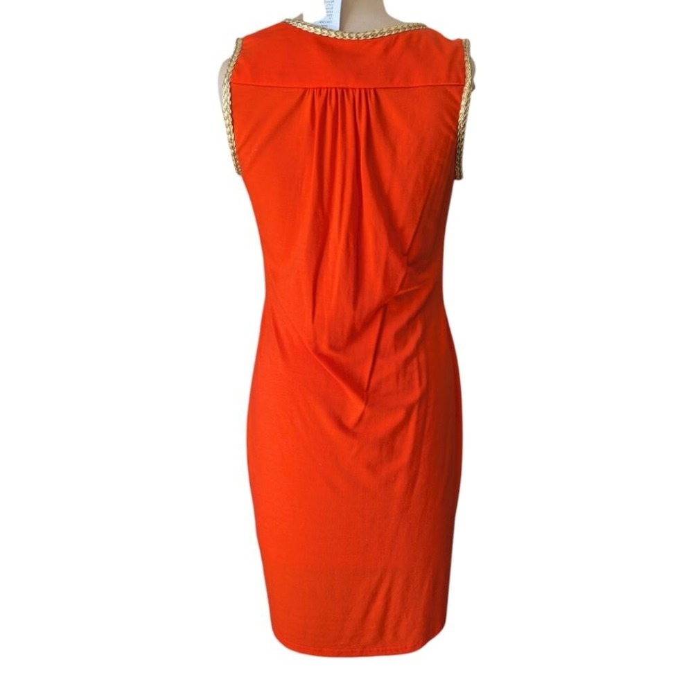 Joseph Ribkoff Dress Orange Red Gold Braided Trim Sleeveless Sheath Sz 10 Chic - Picture 4 of 9
